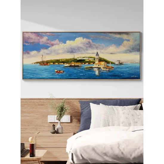 Maviyle Konuşan Kız Kulesi Yağlı Boya Tablosu