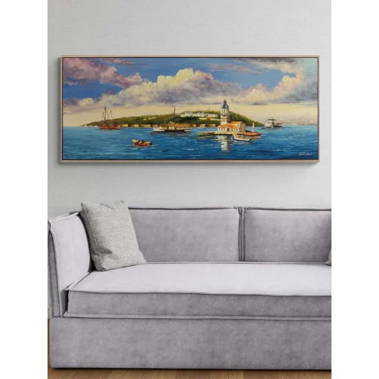 Maviyle Konuşan Kız Kulesi Yağlı Boya Tablosu