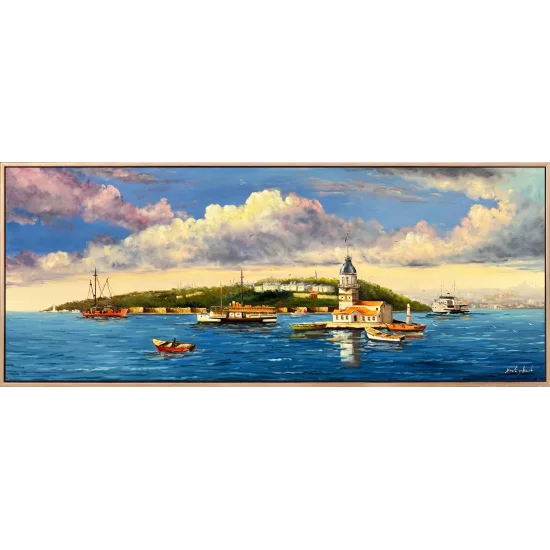 Maviyle Konuşan Kız Kulesi Yağlı Boya Tablosu