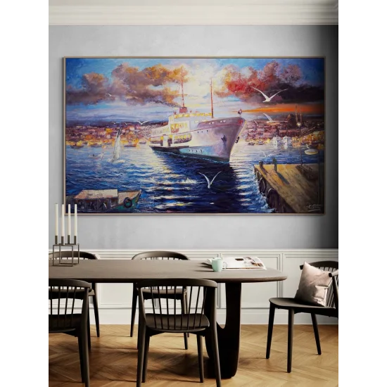 Boğazda Akşam Vapuru Yağlı Boya Tablosu