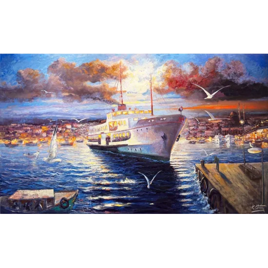 Boğazda Akşam Vapuru Yağlı Boya Tablosu