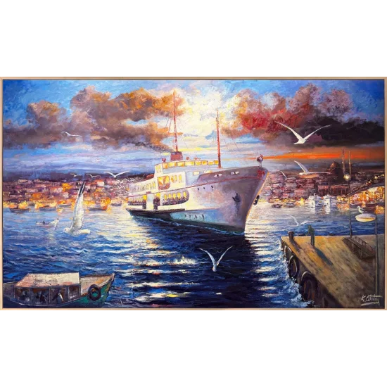 Boğazda Akşam Vapuru Yağlı Boya Tablosu