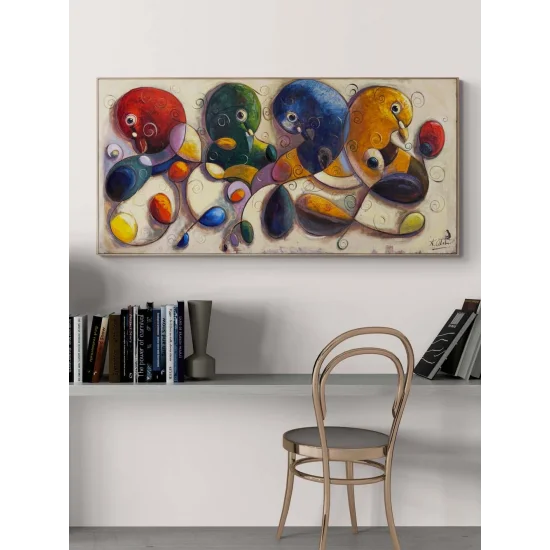 Soyut Renkli Güvercinler Yağlı Boya Tablosu