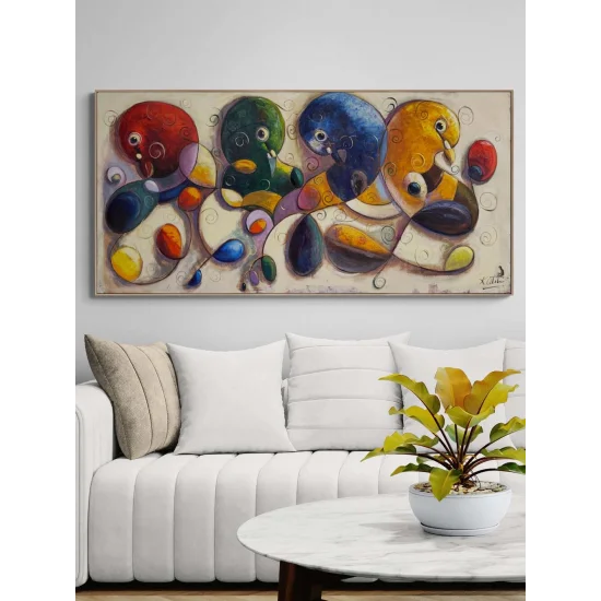 Soyut Renkli Güvercinler Yağlı Boya Tablosu