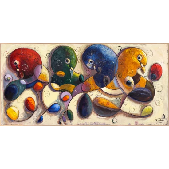 Soyut Renkli Güvercinler Yağlı Boya Tablosu