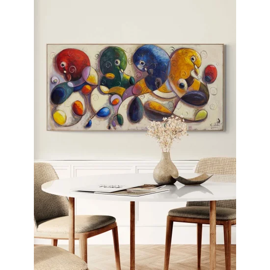 Soyut Renkli Güvercinler Yağlı Boya Tablosu