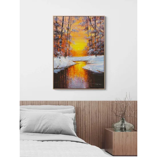 Kışta Gün Batımı Yağlı Boya Tablosu