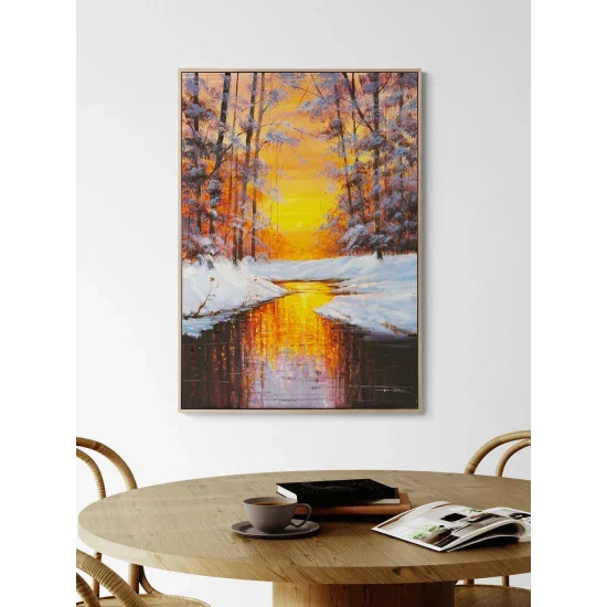 Kışta Gün Batımı Yağlı Boya Tablosu