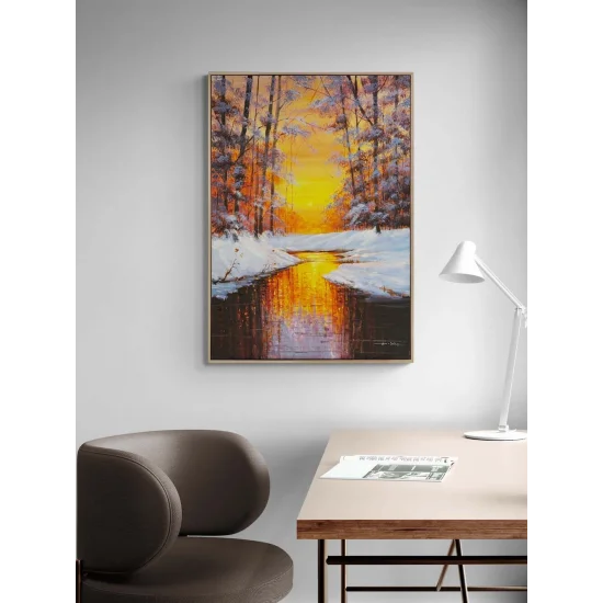 Kışta Gün Batımı Yağlı Boya Tablosu