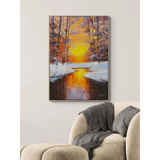 Kışta Gün Batımı Yağlı Boya Tablosu