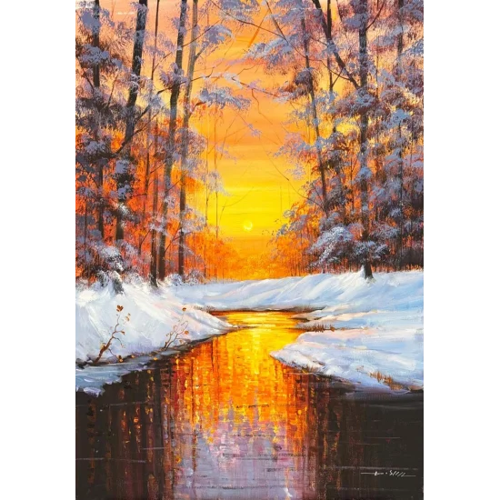 Kışta Gün Batımı Yağlı Boya Tablosu