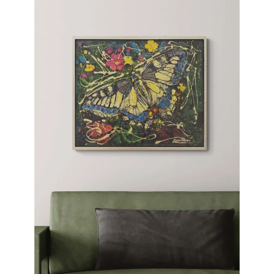 Çiçeklerde Kelebek Yağlı Boya Tablosu