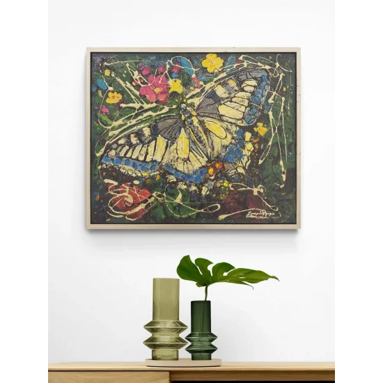 Çiçeklerde Kelebek Yağlı Boya Tablosu