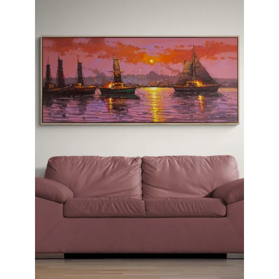 İstanbul Boğazında Tekneler Yağlı Boya Tablosu