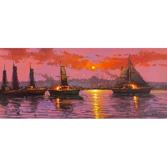 İstanbul Boğazında Tekneler Yağlı Boya Tablosu