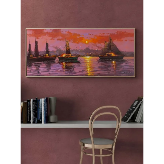İstanbul Boğazında Tekneler Yağlı Boya Tablosu