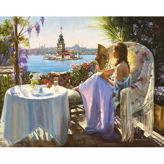 Kız Kulesi Açılan Balkon Yağlı Boya Tablosu