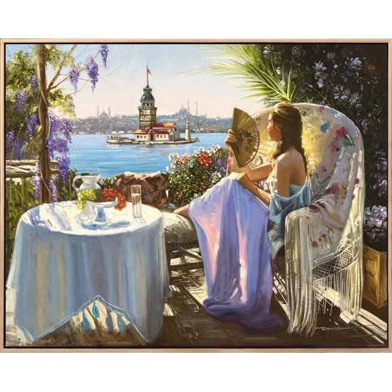 Kız Kulesi Açılan Balkon Yağlı Boya Tablosu