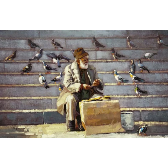 Güvercinlerin Dostu Yağlı Boya Tablosu