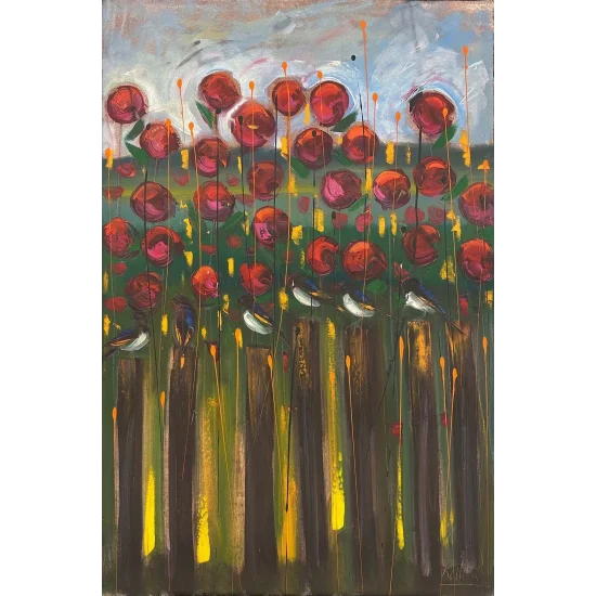 Bahçede Kırlangıçlar Yağlı Boya Tablosu