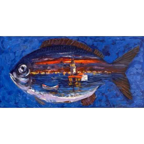 Balığın Kalbinde Kule Yağlı Boya Tablosu