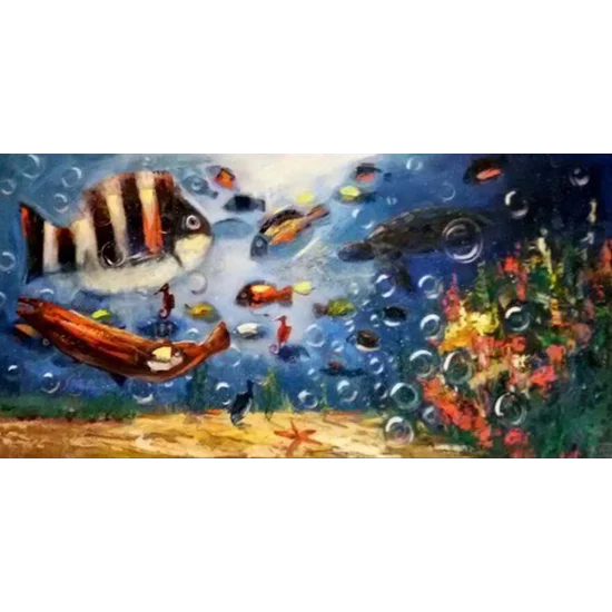 Balıkların Mavi Dünyası Yağlı Boya Tablosu