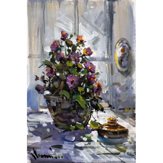 Bir Vazoda Çiçekler Yağlı Boya Tablosu