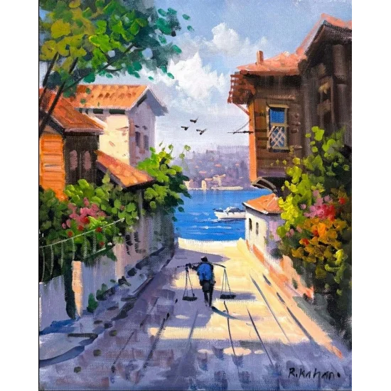 Boğazın Kıyısında Sokaklar Yağlı Boya Tablosu