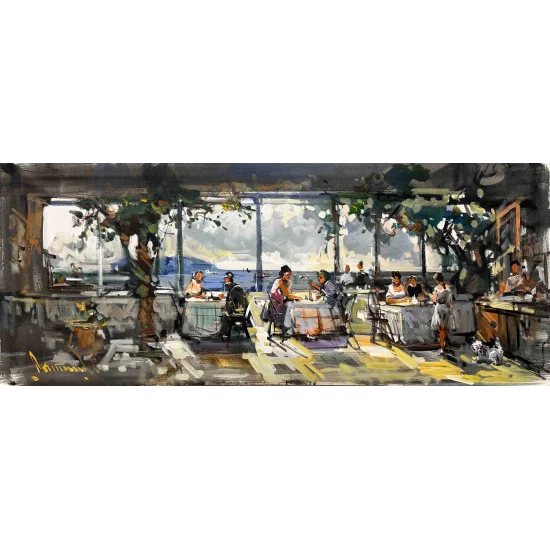 Çay Bahçesinde Yağlı Boya Tablosu