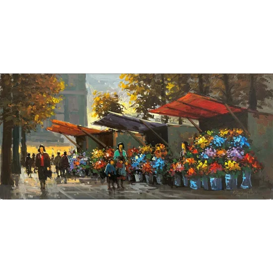 Çiçek Pazarında Bir Gün Yağlı Boya Tablosu
