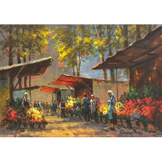 Çiçek Pazarında Gün Yağlı Boya Tablosu