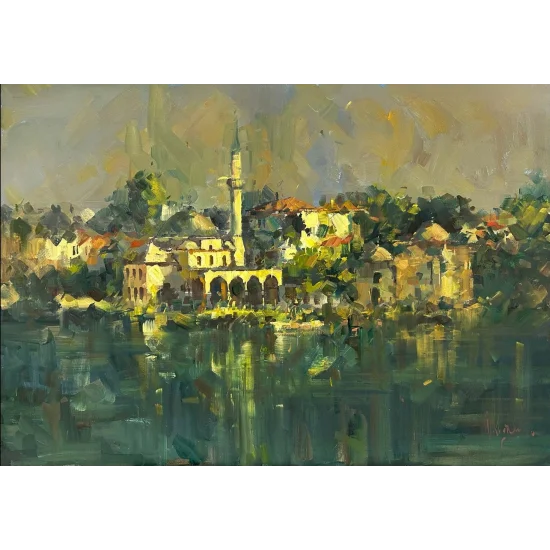 Deniz Manzaralı Cami Yağlı Boya Tablosu