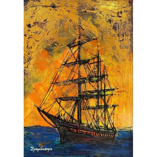 Rainbow Colors and a Ship on the Sea Oil Painting