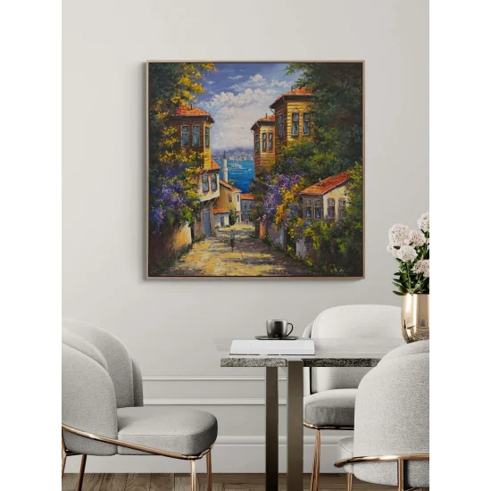 Denizle Buluşan Evler Yağlı Boya Tablosu