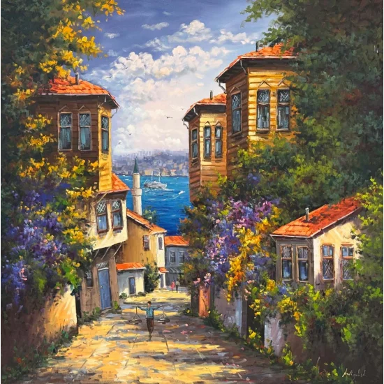 Denizle Buluşan Evler Yağlı Boya Tablosu