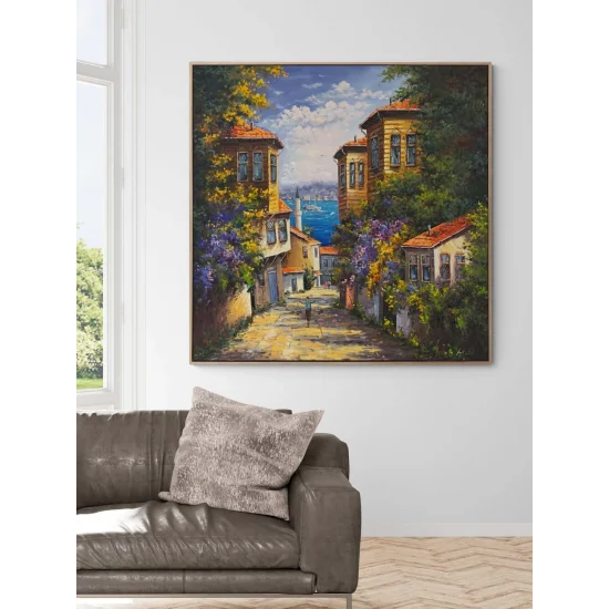Denizle Buluşan Evler Yağlı Boya Tablosu