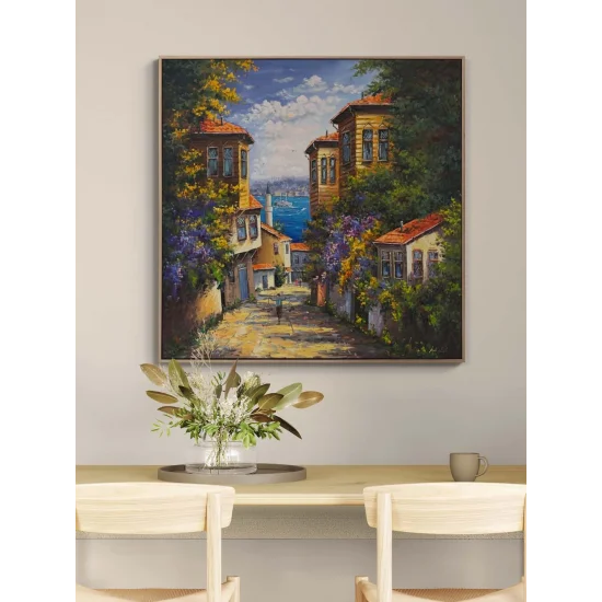 Denizle Buluşan Evler Yağlı Boya Tablosu