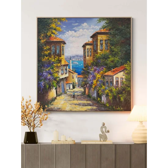 Denizle Buluşan Evler Yağlı Boya Tablosu
