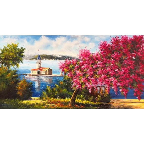 Erguvanlar İçinde Kız Kulesi Yağlı Boya Tablosu