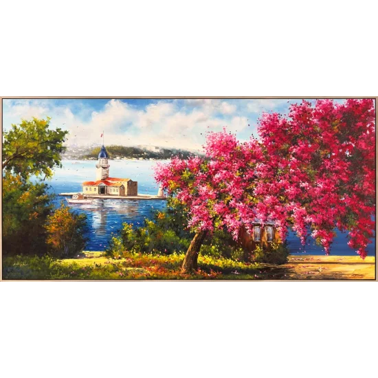 Erguvanlar İçinde Kız Kulesi Yağlı Boya Tablosu