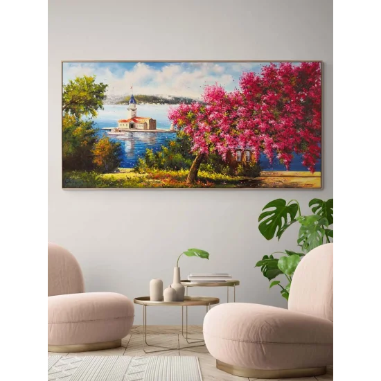 Erguvanlar İçinde Kız Kulesi Yağlı Boya Tablosu