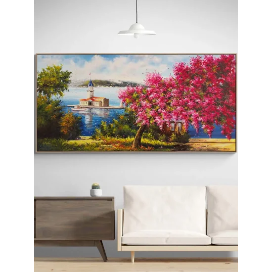 Erguvanlar İçinde Kız Kulesi Yağlı Boya Tablosu