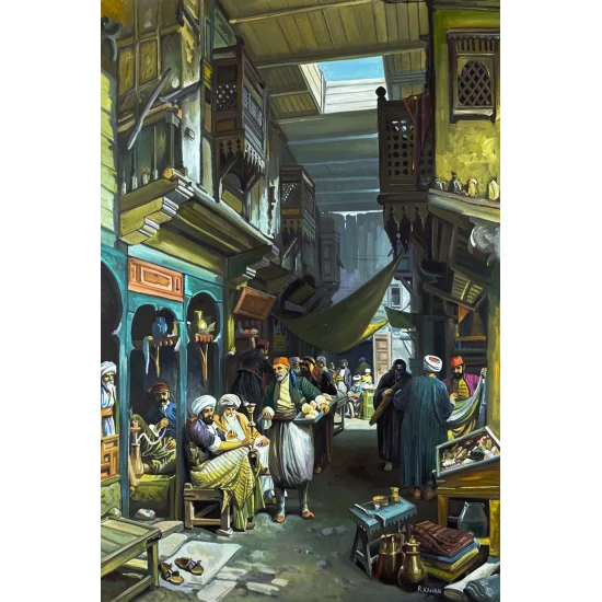 Eski İstanbul Çarşısında Yağlı Boya Tablosu