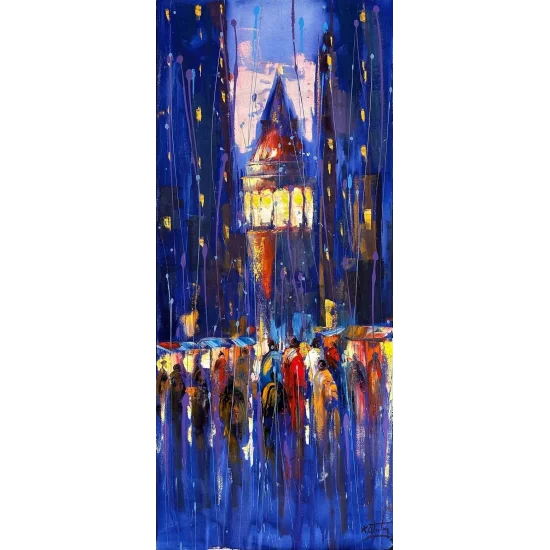 Oil Painting of Galata Tower at Night