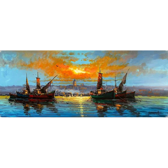 Galata Kulesinin Gölgesinde Tekneler Yağlı Boya Tablosu