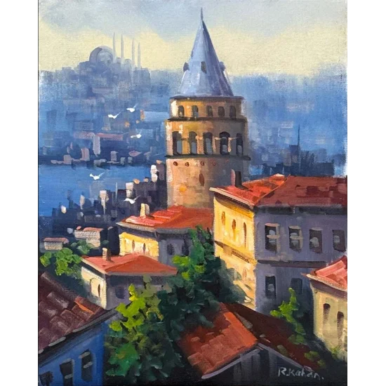 Galata Kulesinde Işık Yağlı Boya Tablosu