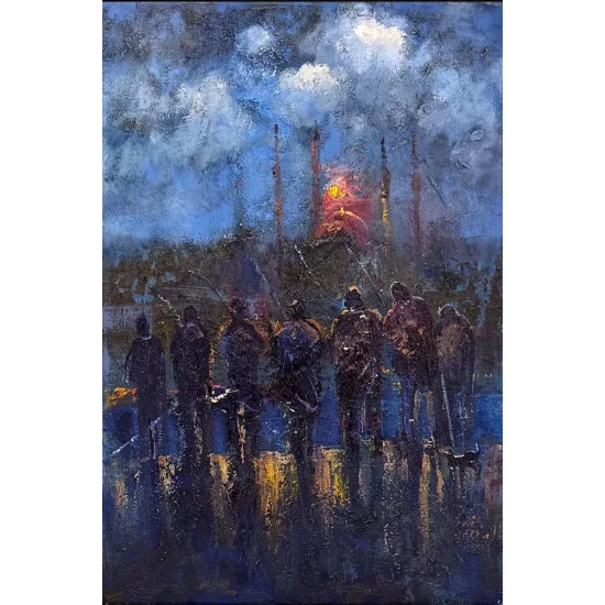 Gece İstanbul Balıkçıları Yağlı Boya Tablosu