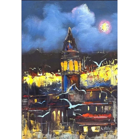 Gece Mavisinde Galata Yağlı Boya Tablosu
