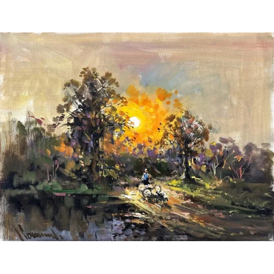 Gün Batımında Köy Yolu Yağlı Boya Tablosu