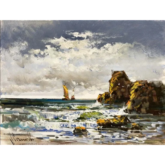 Gün Doğumunda Yelkenli Yağlı Boya Tablosu